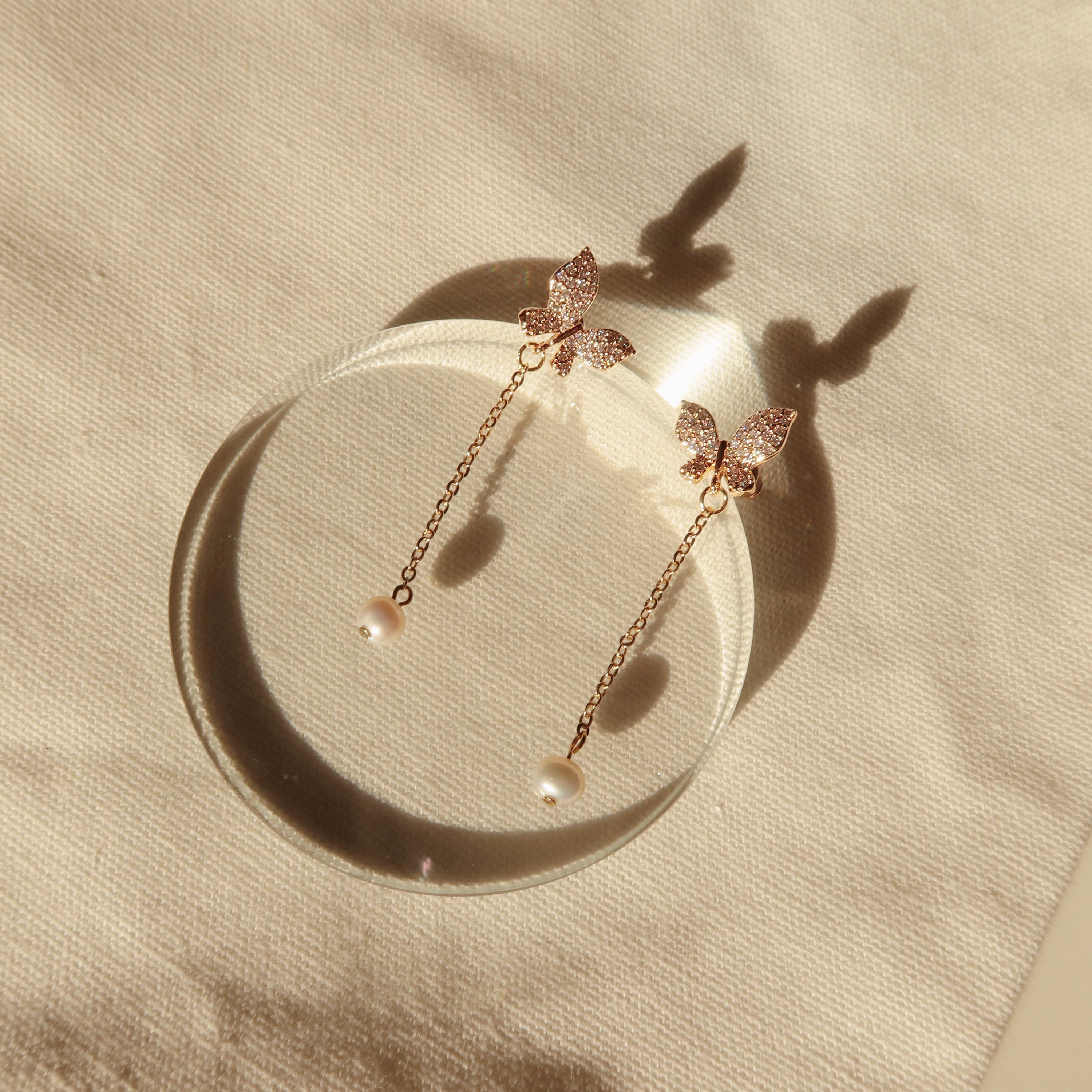 Butterfly and Pearl Dangle Earrings
